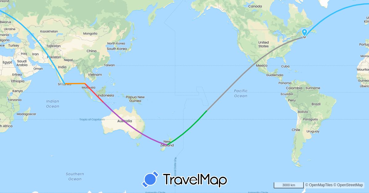 TravelMap itinerary: driving, bus, plane, train, hiking, boat, hitchhiking in Canada, France, Indonesia, Sri Lanka, New Zealand, Thailand (Asia, Europe, North America, Oceania)